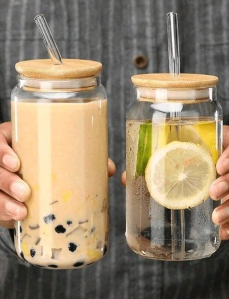 كوب زجاجي عصري للمنزل والمكتب بغطاء خشبي وزجاجة ماصة شفافة